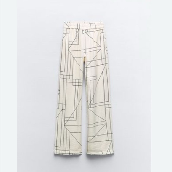 Zara cream off white wide leg geometric print pattern high rise pants trousers - Picture 3 of 7